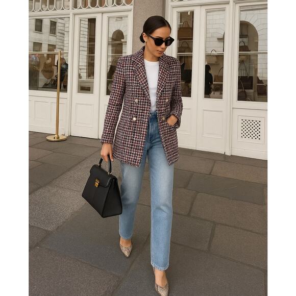 ASOS River Island Boucle Tweed Double Breasted Blazer Jacket Red Check Size 4 - Picture 1 of 11